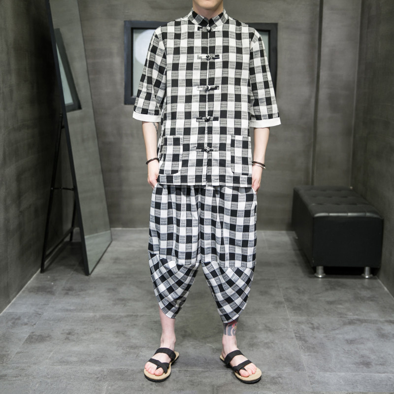 A3025*大码2021新款中国风棉麻格子开衫套装汉服套装p95,男装休闲套装,钱塘7008(原4008)