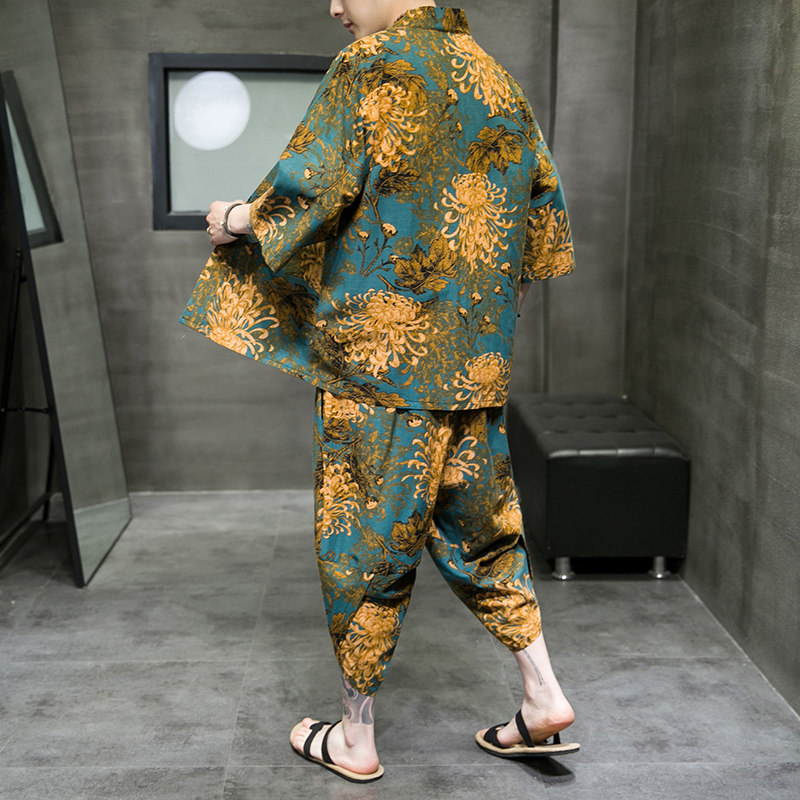 A3003*大码2021中国风棉麻印花开衫套装汉服套装p80,男装休闲套装,钱塘7008(原4008)