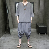 A3002*中国风2021冰丝树皮皱字母刺绣T恤+七分裤哈伦裤套装P90，男装休闲套装，钱塘7008(原4008)