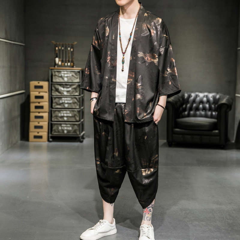 A2022*新品2021夏款冰丝数码印中国风套装落肩T恤+七分裤P75,男装休闲套装,钱塘7008(原4008)