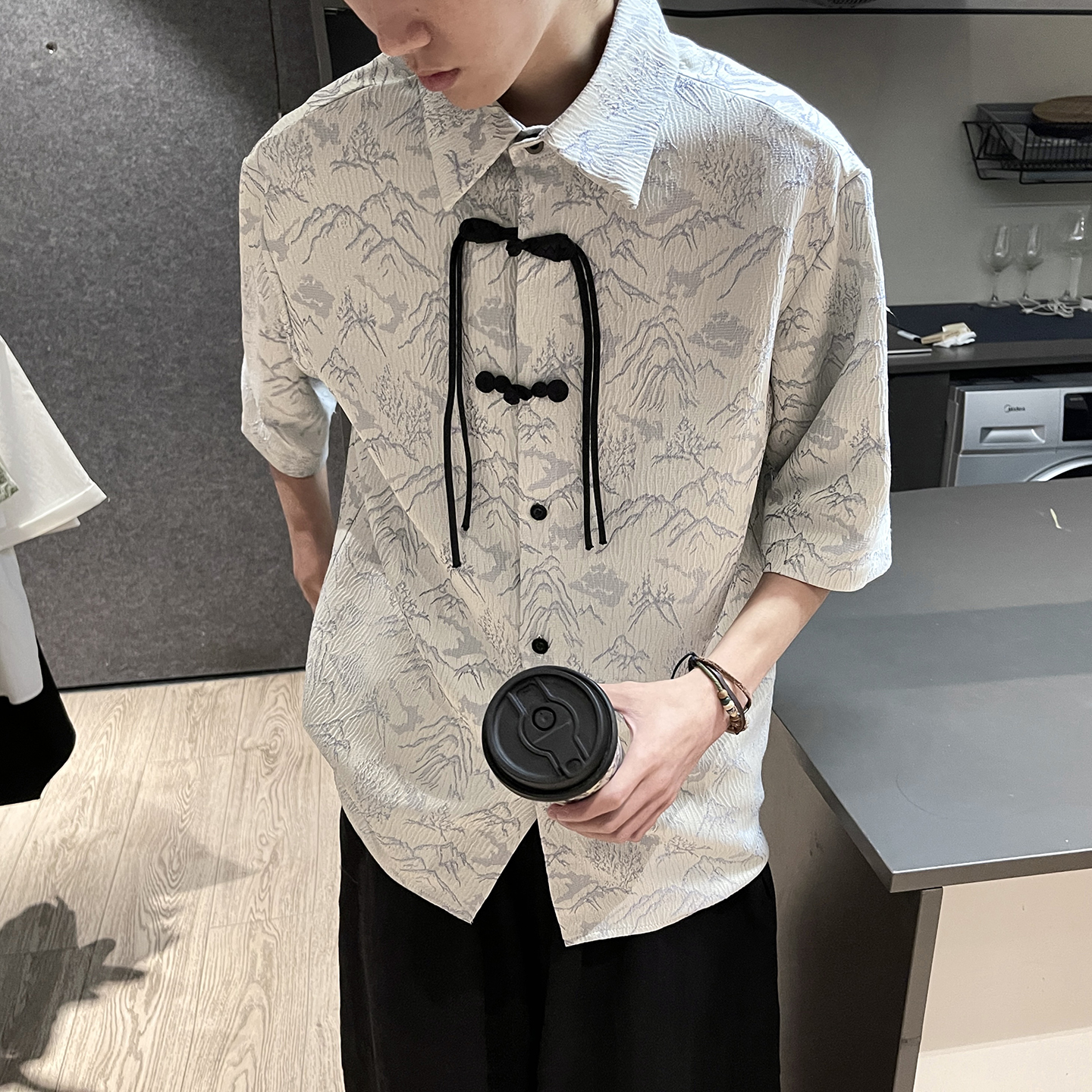 山水提花防皱冰丝夏2025风汉服短袖衬衫/衬衣A819-p65，男装T恤，钱塘7008(原4008)