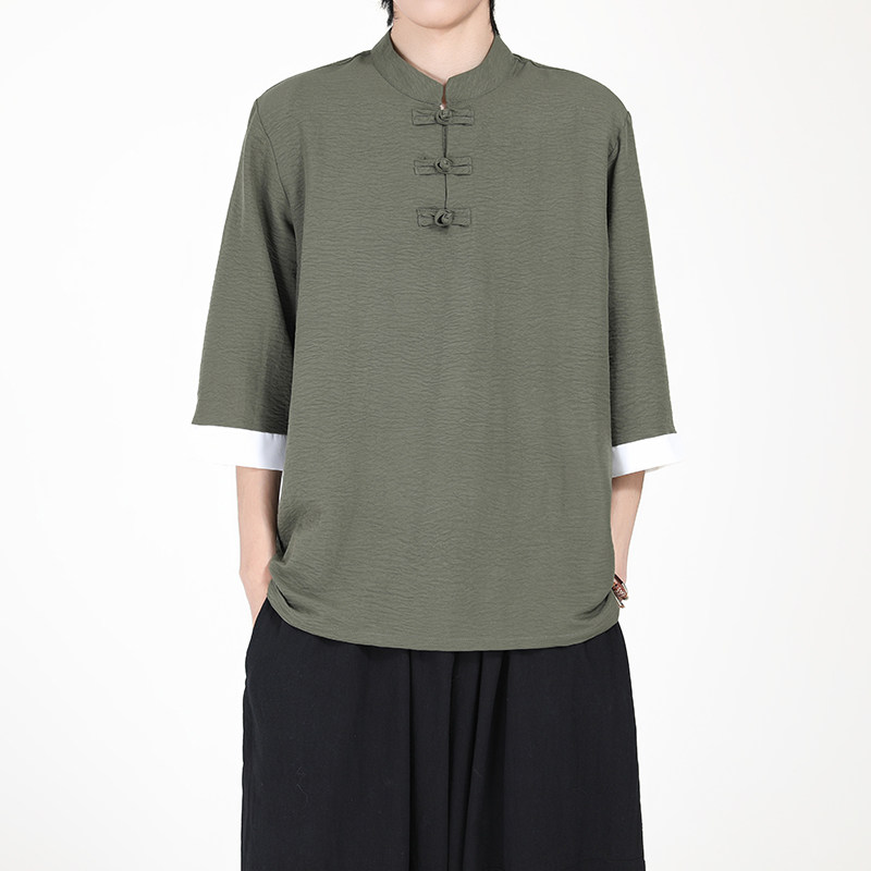 7色跑量2025风夏季云朵感盘扣男汉服短袖T恤A8007-p40,男装T恤,钱塘7008(原4008)
