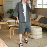 A3026*咖啡厅主推大码2021中国风华夫格开衫汉服套装p85，男装休闲套装，钱塘7008(原4008)