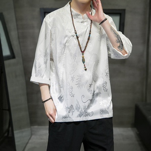 A3012中国风2021夏冰丝 龙花 斜扣立领设计 宽松短袖T恤p50图片