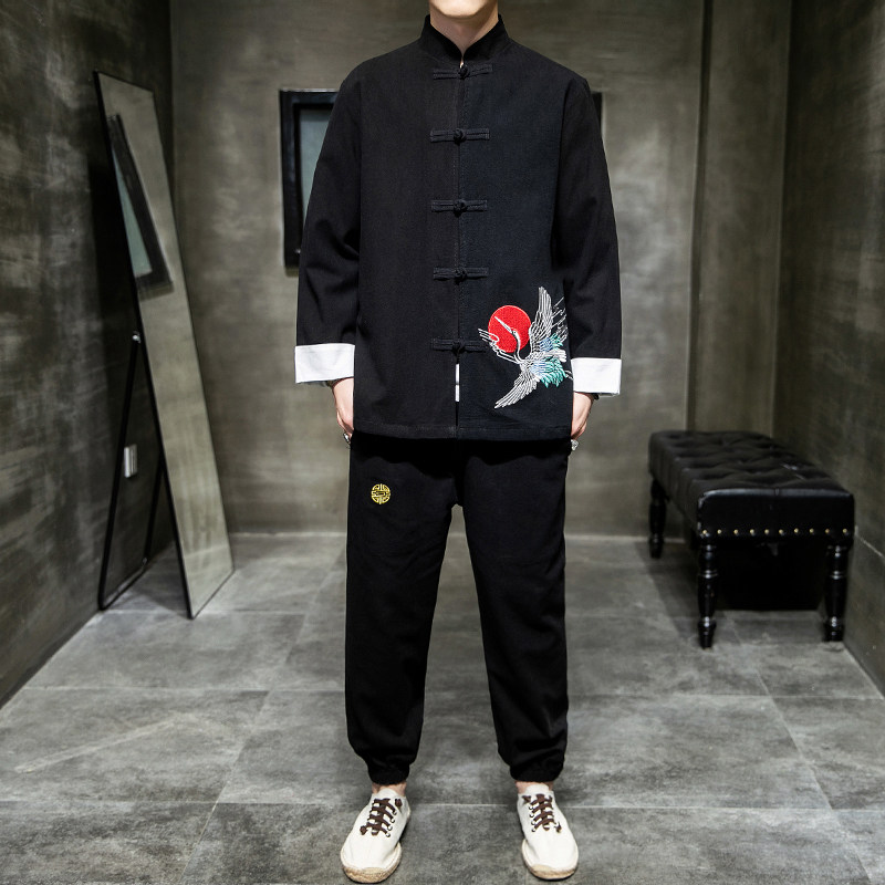 A1013中国风秋冬2020飞鹤刺绣棉麻盘扣/唐装/汉服套装P130,男装民族服装,钱塘7008(原4008)