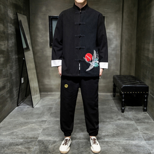 A1013中国风秋冬2020 飞鹤刺绣 棉麻盘扣/唐装/汉服套装P130图片