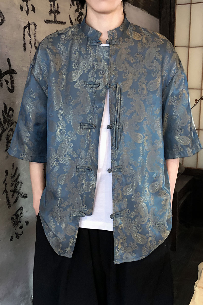 2色八角提花夏季新品2026风汉服短袖衬衫/衬衣A686-p48,男装T恤,钱塘7008(原4008)
