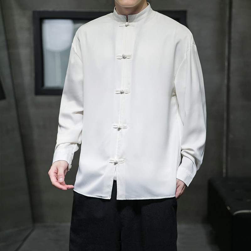 风2026春百搭白色亮面缎纹唐装汉服长袖衬衫A7100*P68,男装衬衫,钱塘7008(原4008)