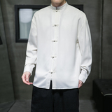 风2026春百搭白色亮面缎纹唐装汉服长袖衬衫A7100*P68，男装衬衫，钱塘7008(原4008)