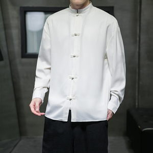 风2026春百搭白色 亮面缎纹 唐装 汉服长袖衬衫A7100* P68图片
