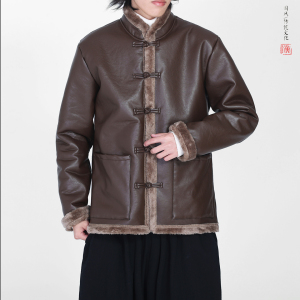 冬2025新中式加绒加厚盘扣外套 保暖PU皮毛一体棉衣外套A526-P148图片