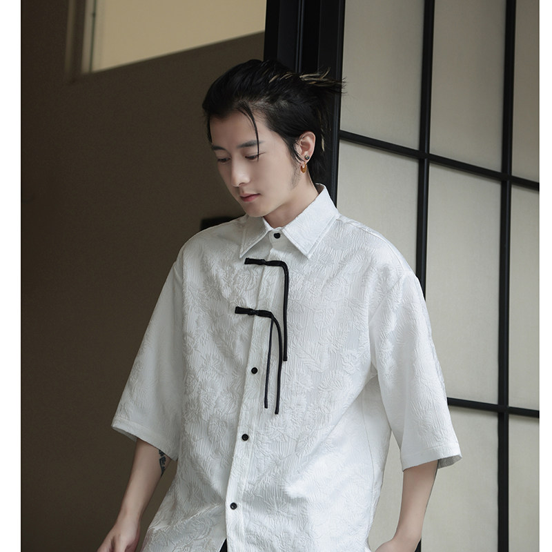 2026夏提花新中式风盘扣团购汉服唐装短袖衬衫A639*P60,男装T恤,钱塘7008(原4008)