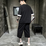 A1028*男2021夏新品简约款棉麻5色短袖T恤+七分裤P85，男装休闲套装，钱塘7008(原4008)
