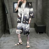 A3028*大码爆2021中国风仙鹤沙滩休闲冰丝面料汉服套装p80，男装休闲套装，钱塘7008(原4008)