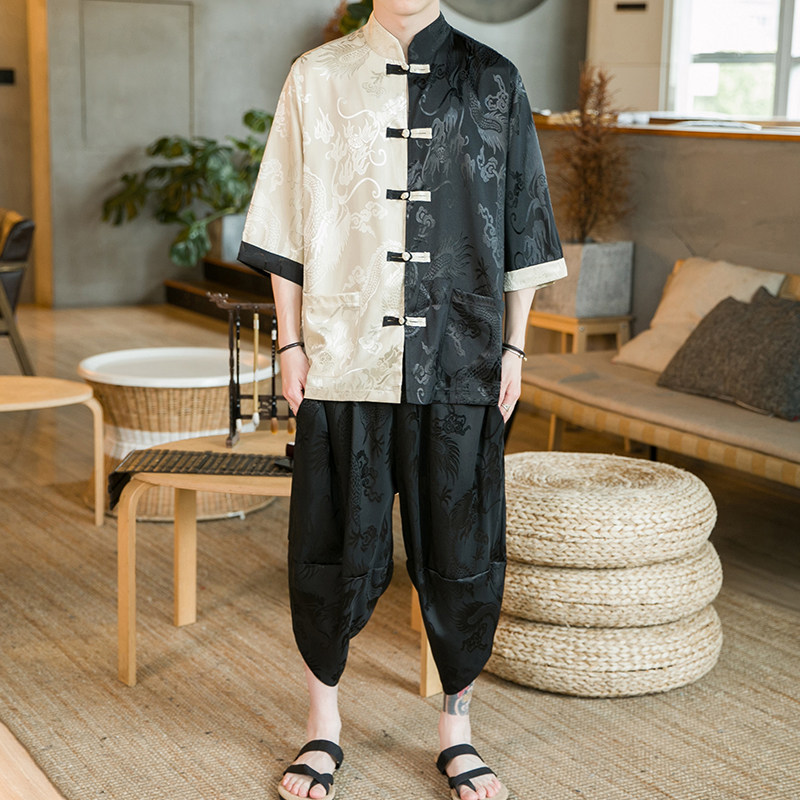 A3019*咖啡厅2021中国风 大龙面料 冰丝拼色 汉服套装p90图片