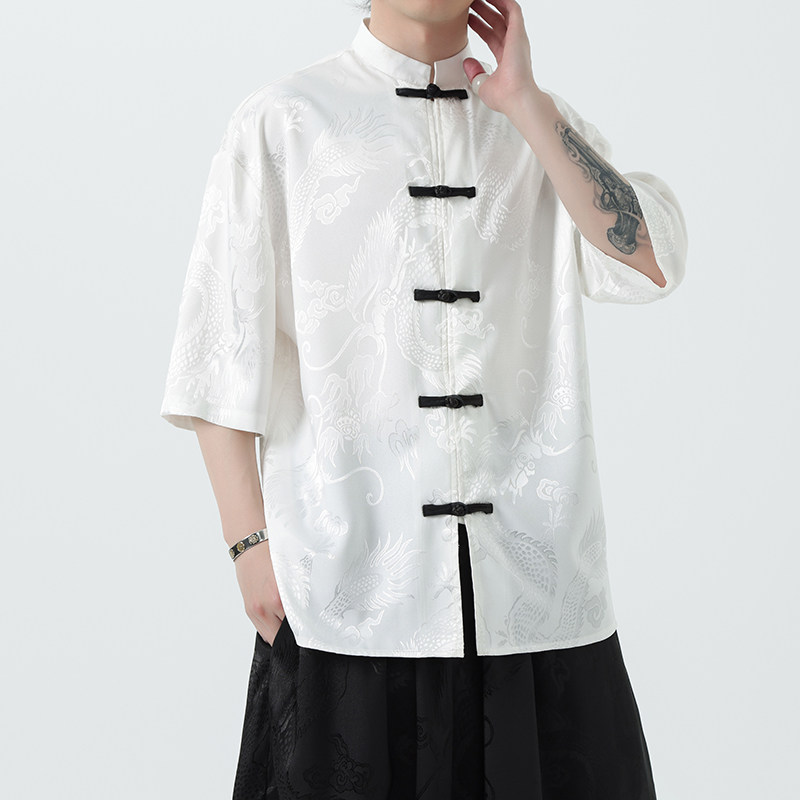 现货新款冰丝款提花龙夏2025团购新中式短袖衬衫/衬衣A669*p55,男装衬衫,钱塘7008(原4008)