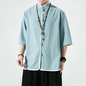 风夏2026现货！包边大码仿麻汉服短袖衬衫/衬衣A860-p55,衬衫体恤穿搭女生图片