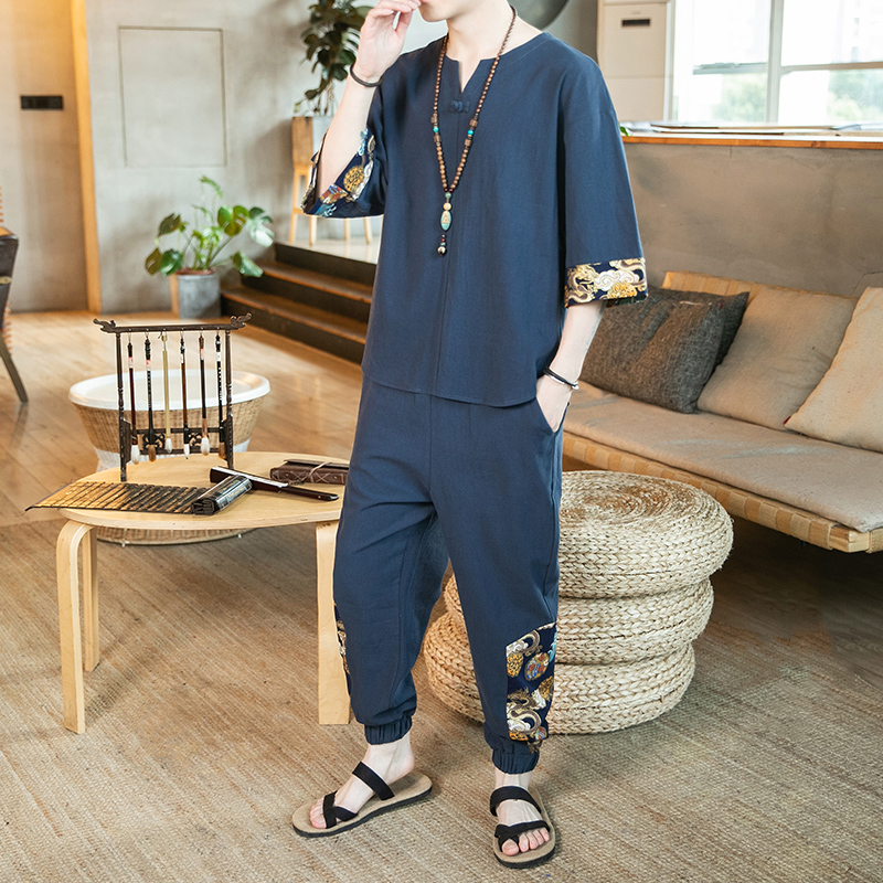 A1031*咖啡厅中国风大码2021拼接花色短袖T恤+九分裤套装P95，男装休闲套装，钱塘7008(原4008)