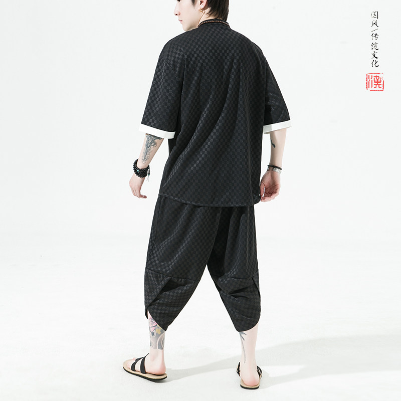 2023风夏BV绿方格提花冰丝垂感短袖汉服套装A9002-p95,男装休闲套装,钱塘7008(原4008)