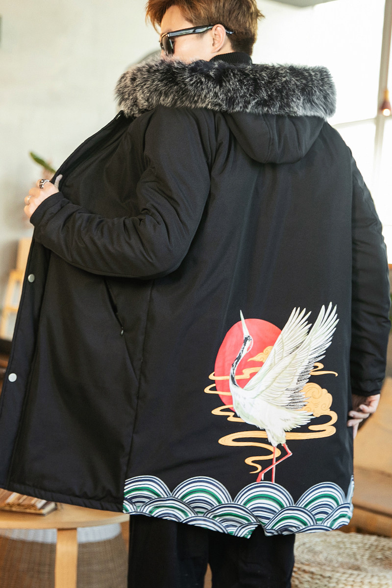 A888中国风大码2021男装连帽仙鹤中长款棉衣P165,男装棉衣,钱塘7008(原4008)
