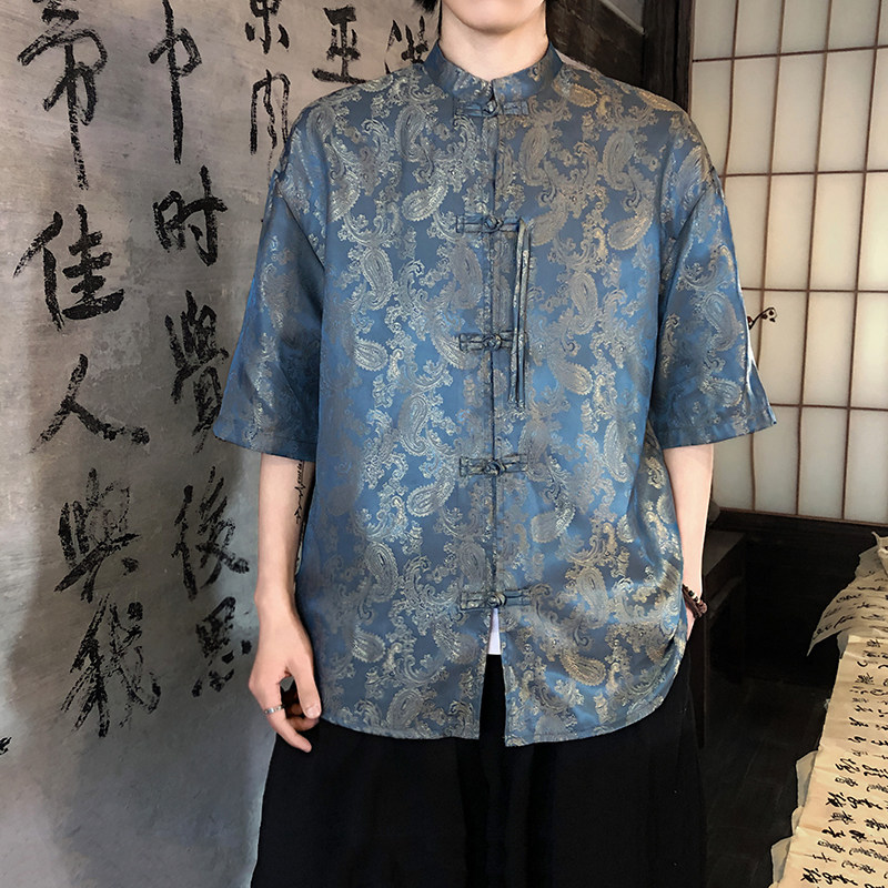 2色八角提花夏季新品2026风汉服短袖衬衫/衬衣A686-p48，男装T恤，钱塘7008(原4008)
