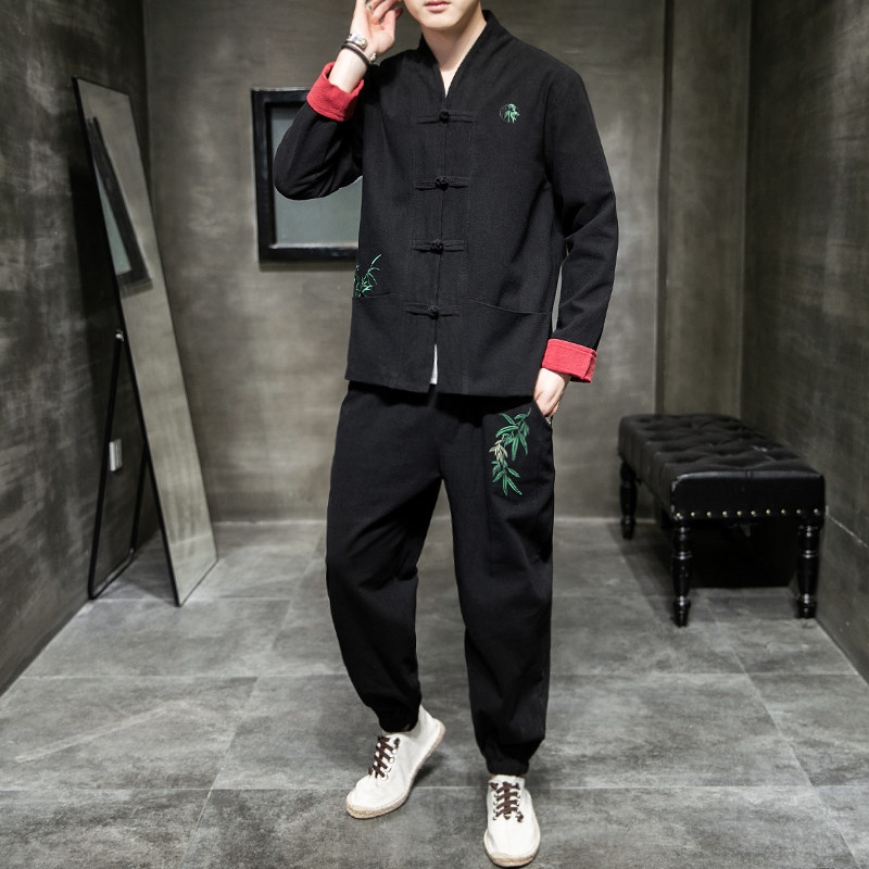 A1018团购中国风2021秋冬竹子刺绣棉麻盘扣/汉服套装P130,男装休闲套装,钱塘7008(原4008)