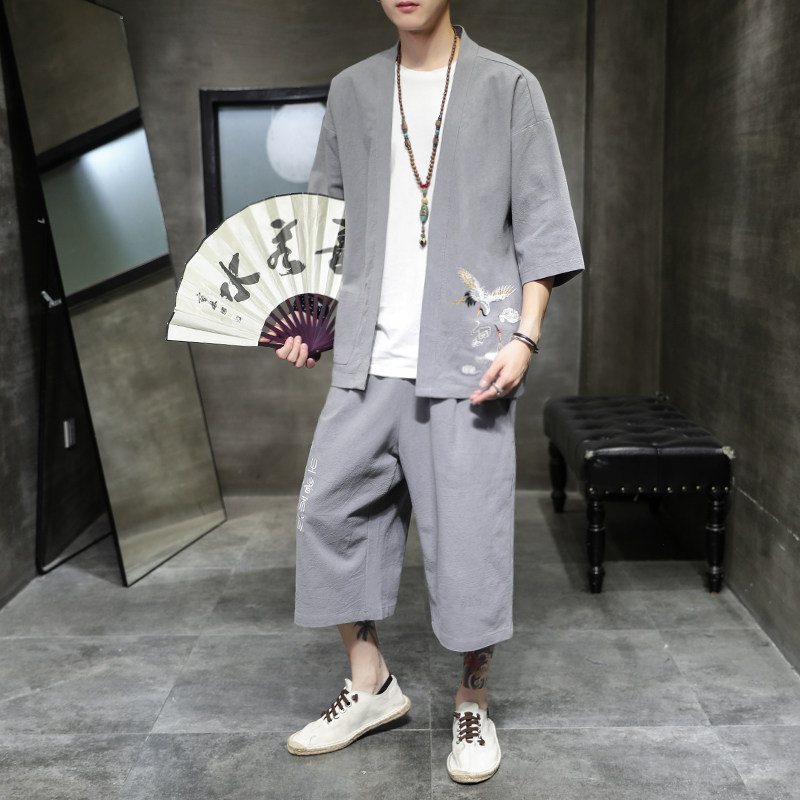 夏款男2026大码风刺绣开衫套装汉服套装特价A1070-p80，男装休闲套装，钱塘7008(原4008)