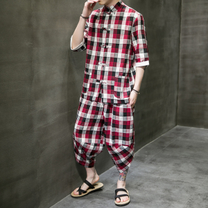 A3025*大码2021中国风 棉麻格子 开衫短袖汉服套装p95图片