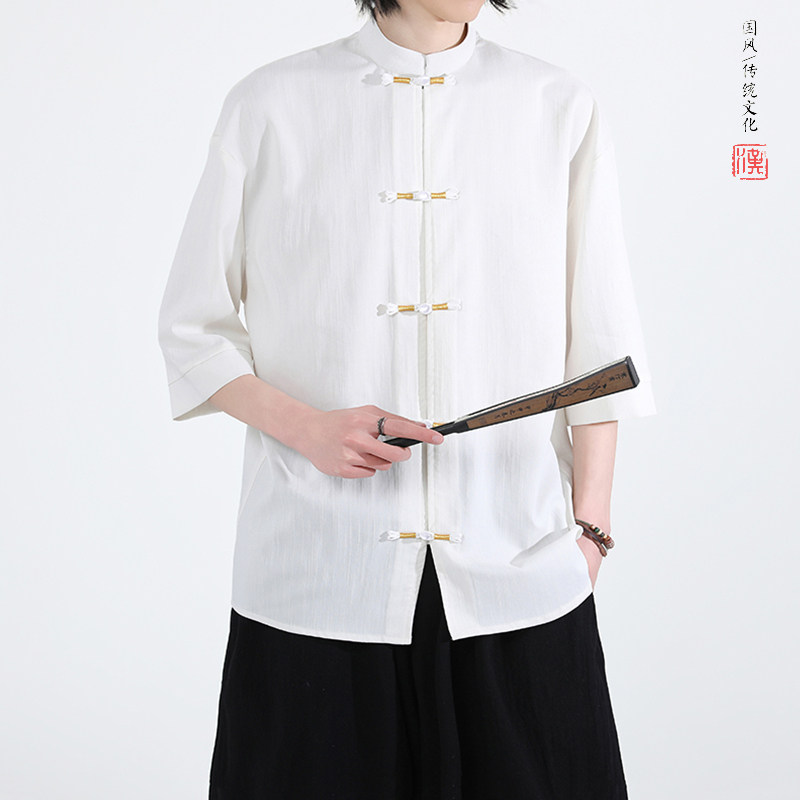 跑量竹节仿麻百搭单色夏2026风汉服短袖衬衫/衬衣A810-p45,男装T恤,钱塘7008(原4008)