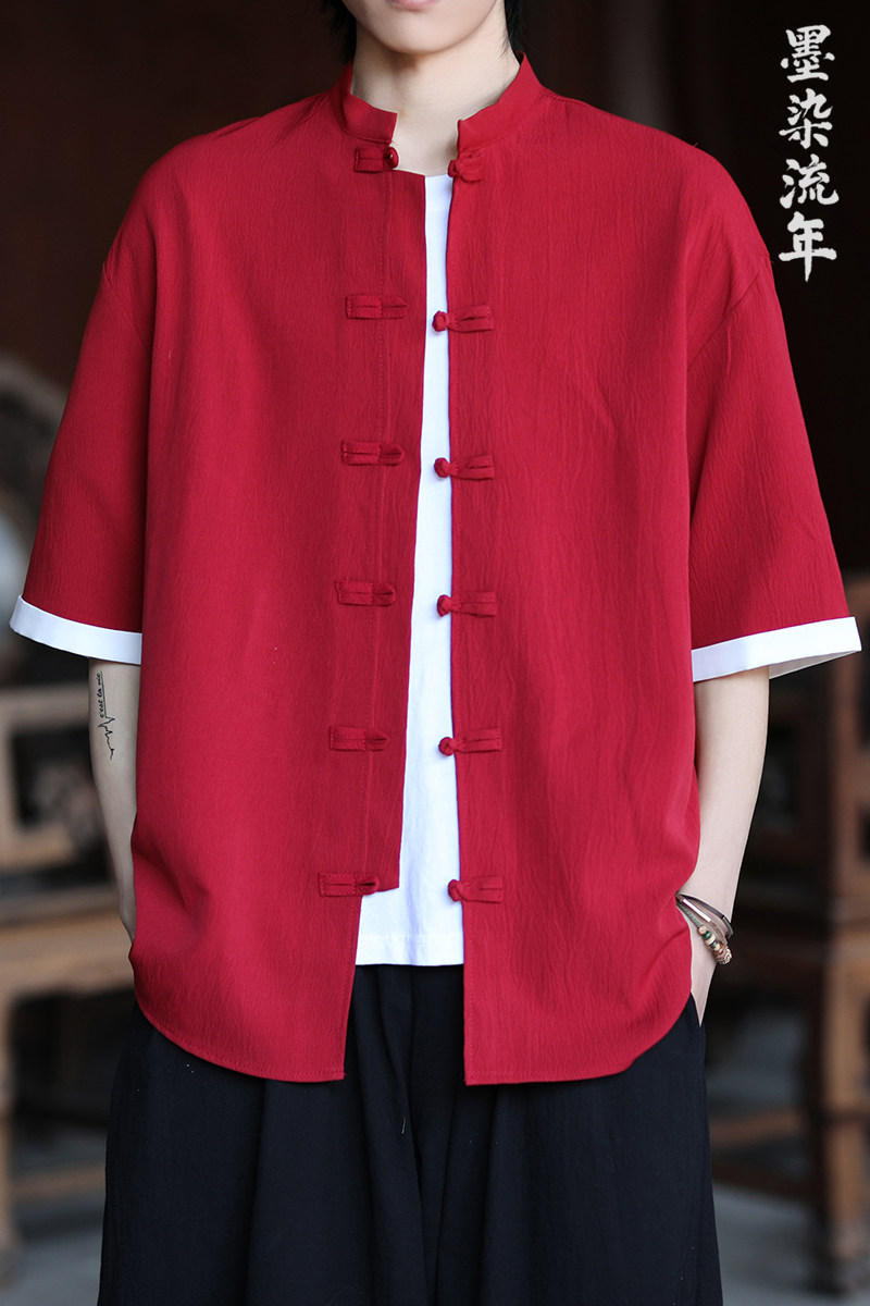 5色夏季2025冰丝抗皱盘扣男短袖衬衫/衬衣A8001*p40,男装T恤,钱塘7008(原4008)