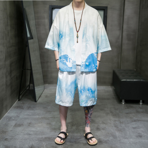 A3029*大码夏季男2021中国风 水墨 沙滩 冰丝面料 汉服套装p80图片