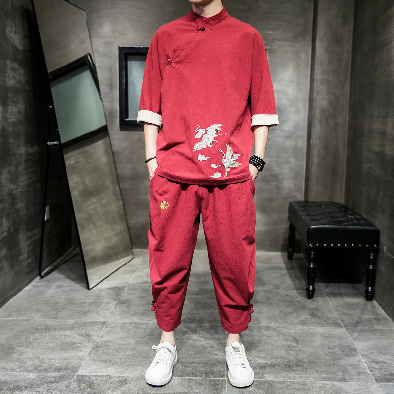 风2026夏仙鹤刺绣棉麻T恤+九分裤短袖套装A736-P100，男装T恤，钱塘7008(原4008)