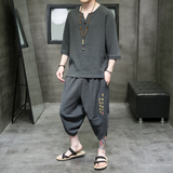 特价风夏季2026冰丝树皮皱T恤+七分裤哈伦裤套装A3002-P70，男装牛仔裤，钱塘7008(原4008)