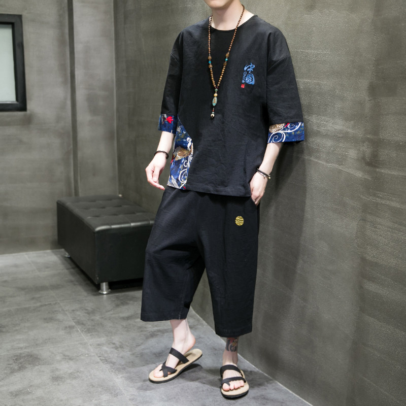 A3006*中国风2021中国刺绣半圆撞色落肩短袖T恤+套装P85，男装休闲套装，钱塘7008(原4008)