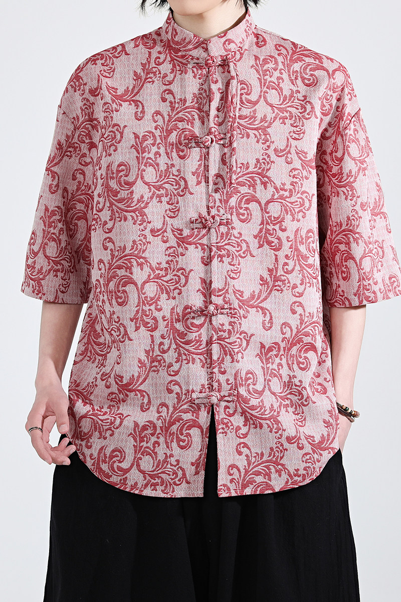 新品夏2026红色提花3色风汉服短袖衬衫/衬衣A672-p65,男装T恤,钱塘7008(原4008)