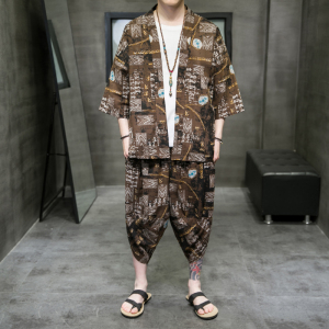 A3004*大码2021中国风 沙滩休闲 3色 印花 开衫汉服套装p80图片