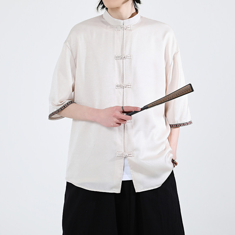 现货新品夏2026过年红红冰丝3色汉服短袖衬衫/衬衣A670-p60,男装T恤,钱塘7008(原4008)