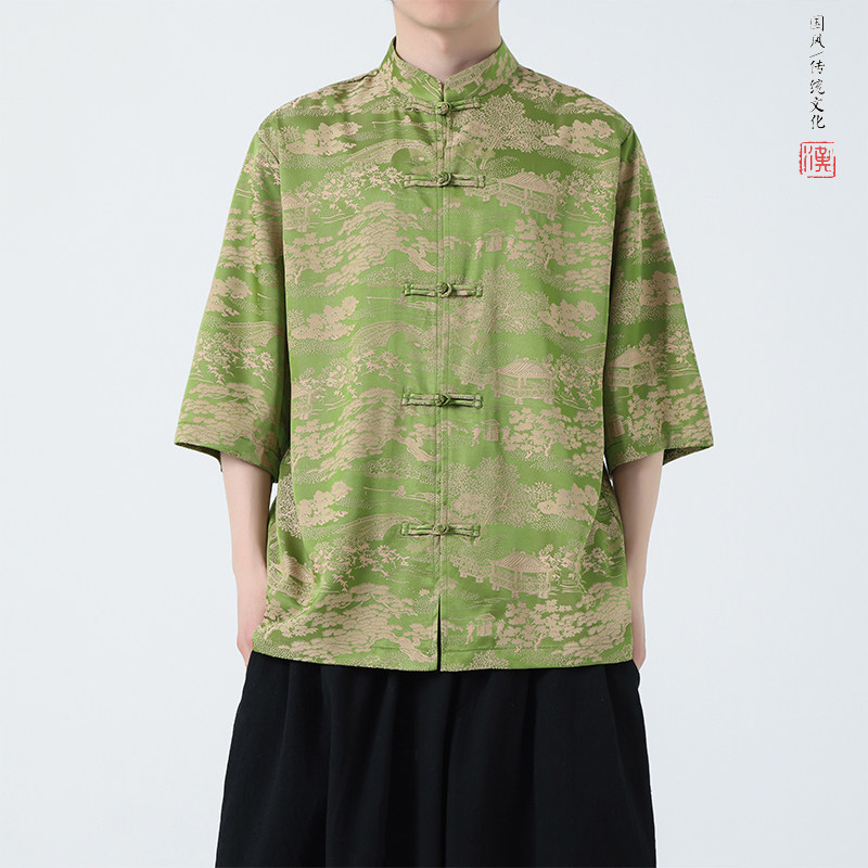 风冰丝面料山水款夏季2026新中式短袖衬衫/衬衣A622*p65,男装T恤,钱塘7008(原4008)