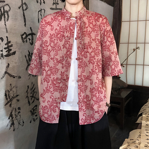 新品夏2026 提花3色 风 汉服短袖衬衫/衬衣A672-p65，男装T恤，钱塘7008(原4008)