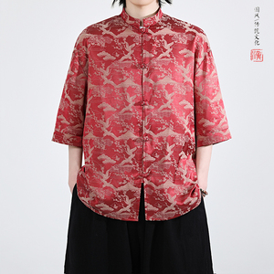 仙鹤提花 夏季新品2026 风 汉服短袖衬衫/衬衣A678-p65图片