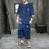 A3006*中国风2021中国刺绣半圆撞色落肩短袖T恤+套装P85，男装休闲套装，钱塘7008(原4008)