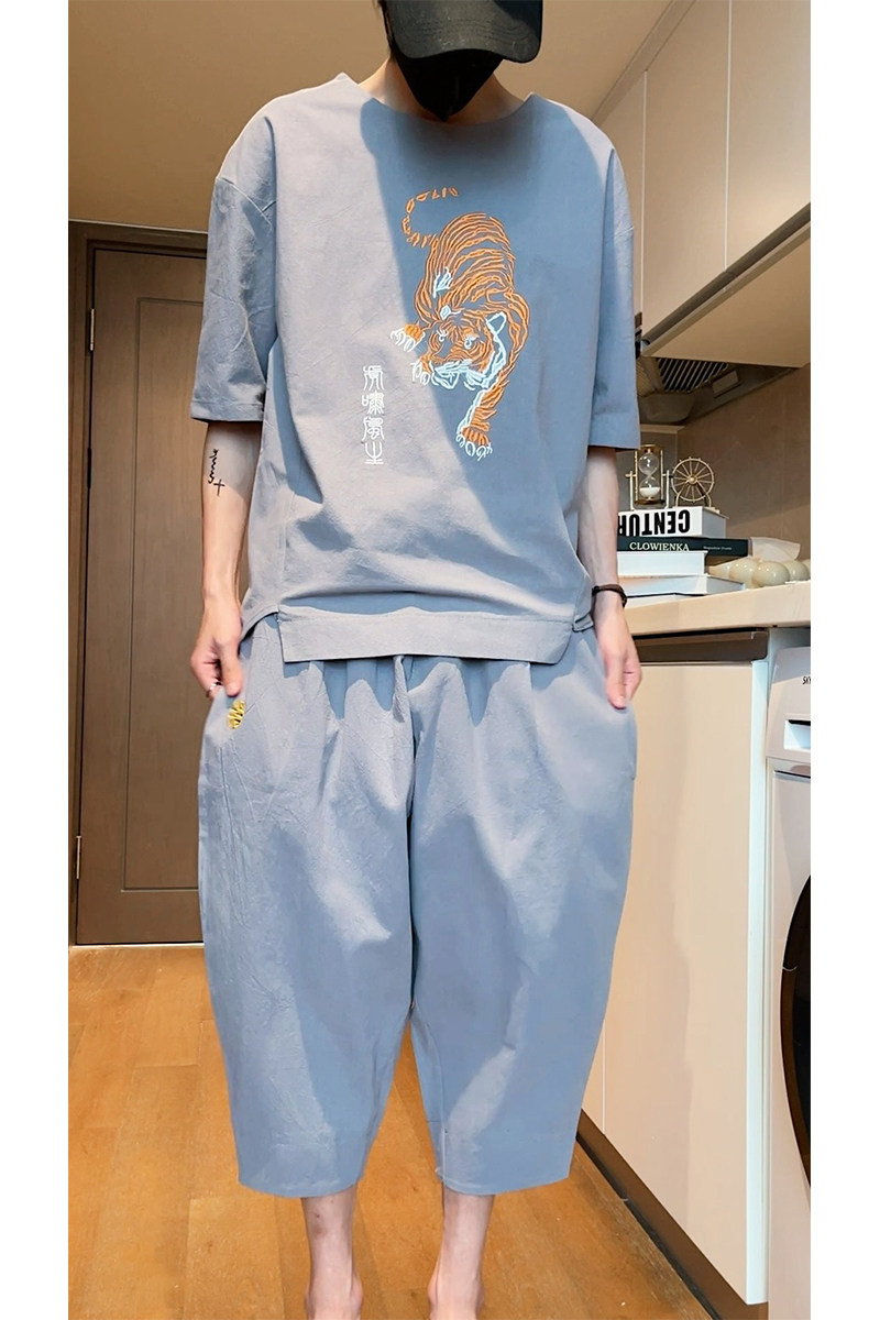 2026夏套装跑量风老虎刺绣短T恤+七分裤套装特价A1038-P50,男装牛仔裤,钱塘7008(原4008)