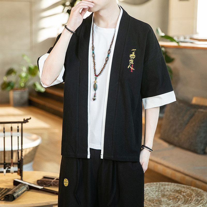 JJ001汉服中国风大码2021夏棉麻假两件男开衫p40,男装民族服装,钱塘7008(原4008)