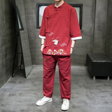 A3001*中国风大码2021双鹤刺绣盘扣短袖T恤+长裤套装P100，男装休闲套装，钱塘7008(原4008)