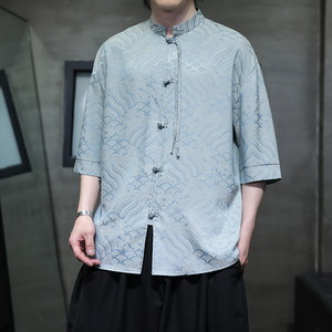 有货夏祥云2026冰丝2色 风 汉服短袖衬衫/衬衣A665-p65,男装T恤,钱塘7008(原4008)