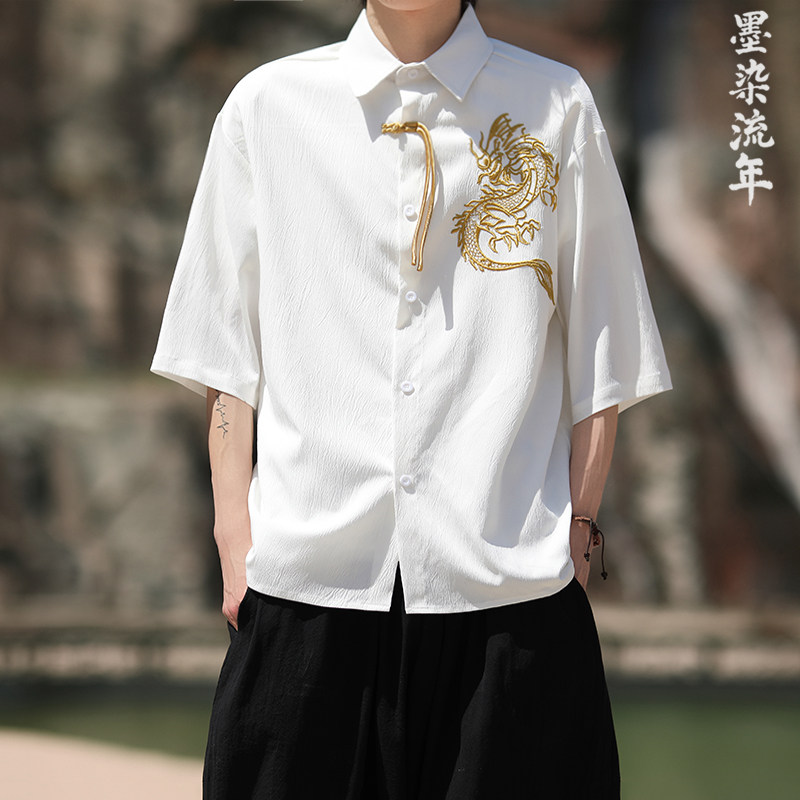 爆3色龙刺绣 防皱冰丝 夏2025 风 汉服短袖衬衫/衬衣A818-p68图片