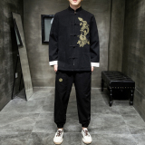 A1007中国风2021飞龙刺绣棉麻盘扣/唐装/汉服套装P130，男装民族服装，钱塘7008(原4008)