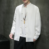 风2026春百搭白色亮面缎纹唐装汉服长袖衬衫A7100*P68，男装衬衫，钱塘7008(原4008)