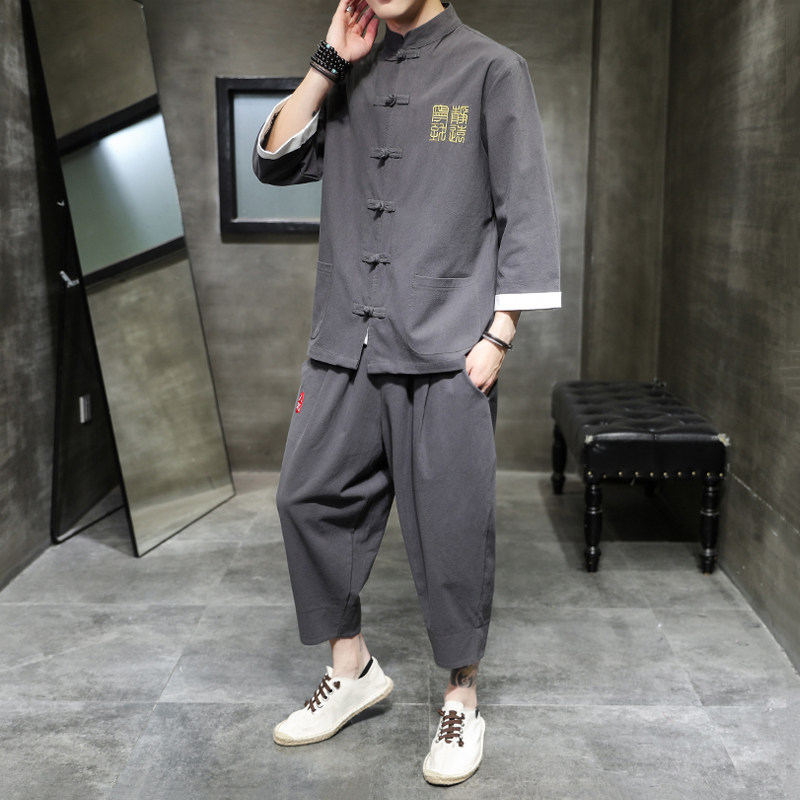A1071夏季2021大码中国风刺绣款开衫套装汉服套装p95,男装休闲套装,钱塘7008(原4008)
