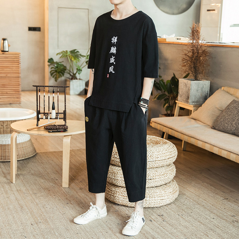 A722*咖啡厅中国风2021夏麒麟刺绣棉麻T恤+七分裤套装P100,男装休闲套装,钱塘7008(原4008)